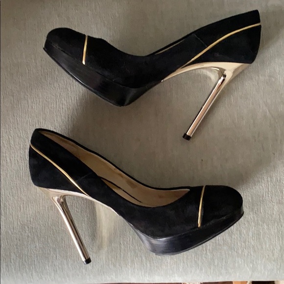 Michael Kors Shoes - Michael Kors 🔥 black suede heels with gold trim